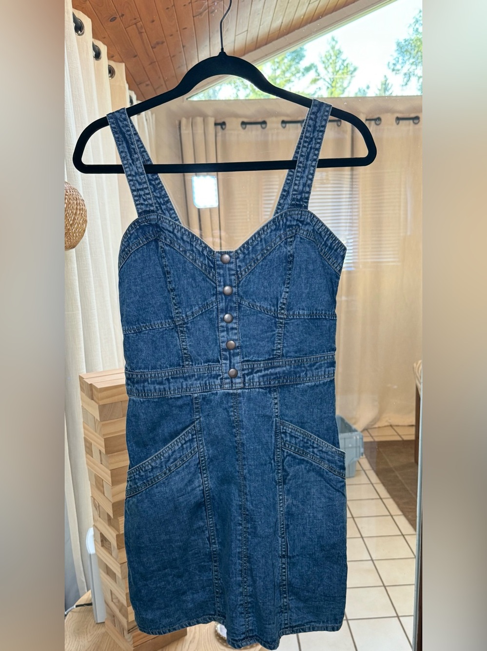Japna Women’s Dark Blue Denim One-Piece Dress - Classic Strappy Style - Medium